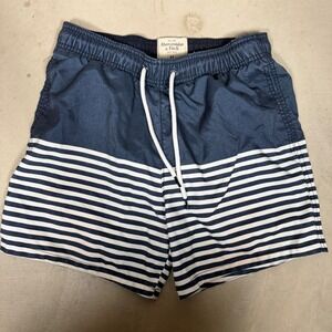 Abercrombie & Fitch Mens Navy White Striped Swim Trunks Size M 5 Inch Inseam
